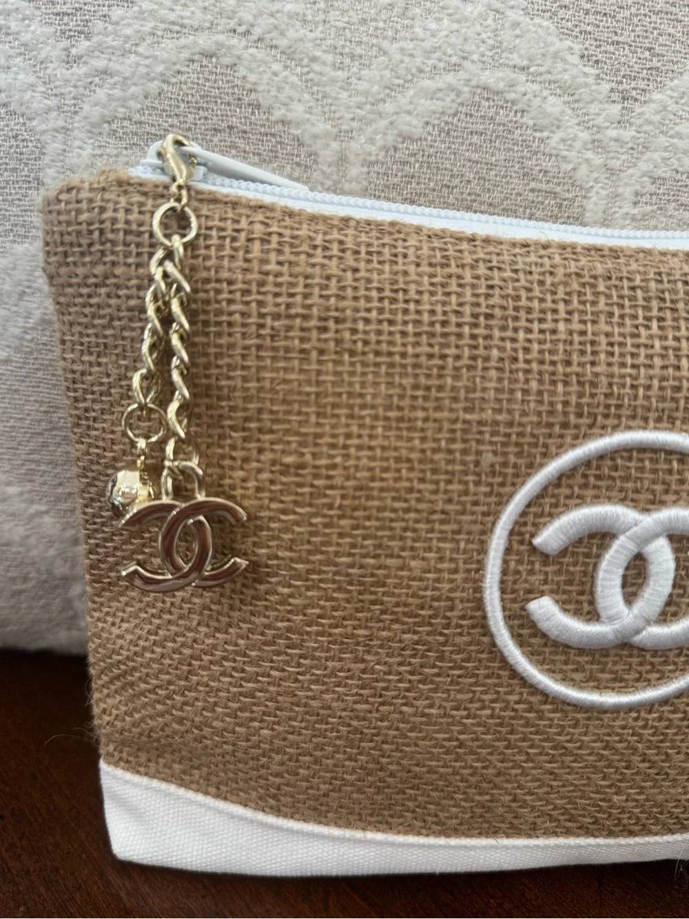 CHANEL Beige and White Canvas Cosmetic Pouch with CC Logo and detachable CC